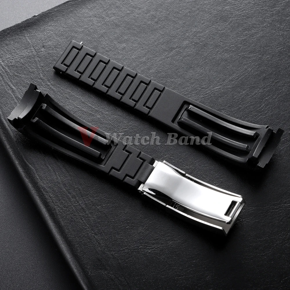 Arc Rubber Watchband 20 21mm 22mm for Rolex Daytona Yacht-Master Ultra Flexible Comfortable Silicone Folding Buckle Curved Strap