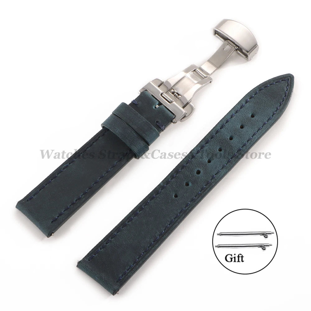 Crazy Horse Leather Watch Strap 18mm 19mm 20mm 21mm 22mm 24mm Butterfly Buckle Stitching Cowhide Strap for Seiko for Omega Belts