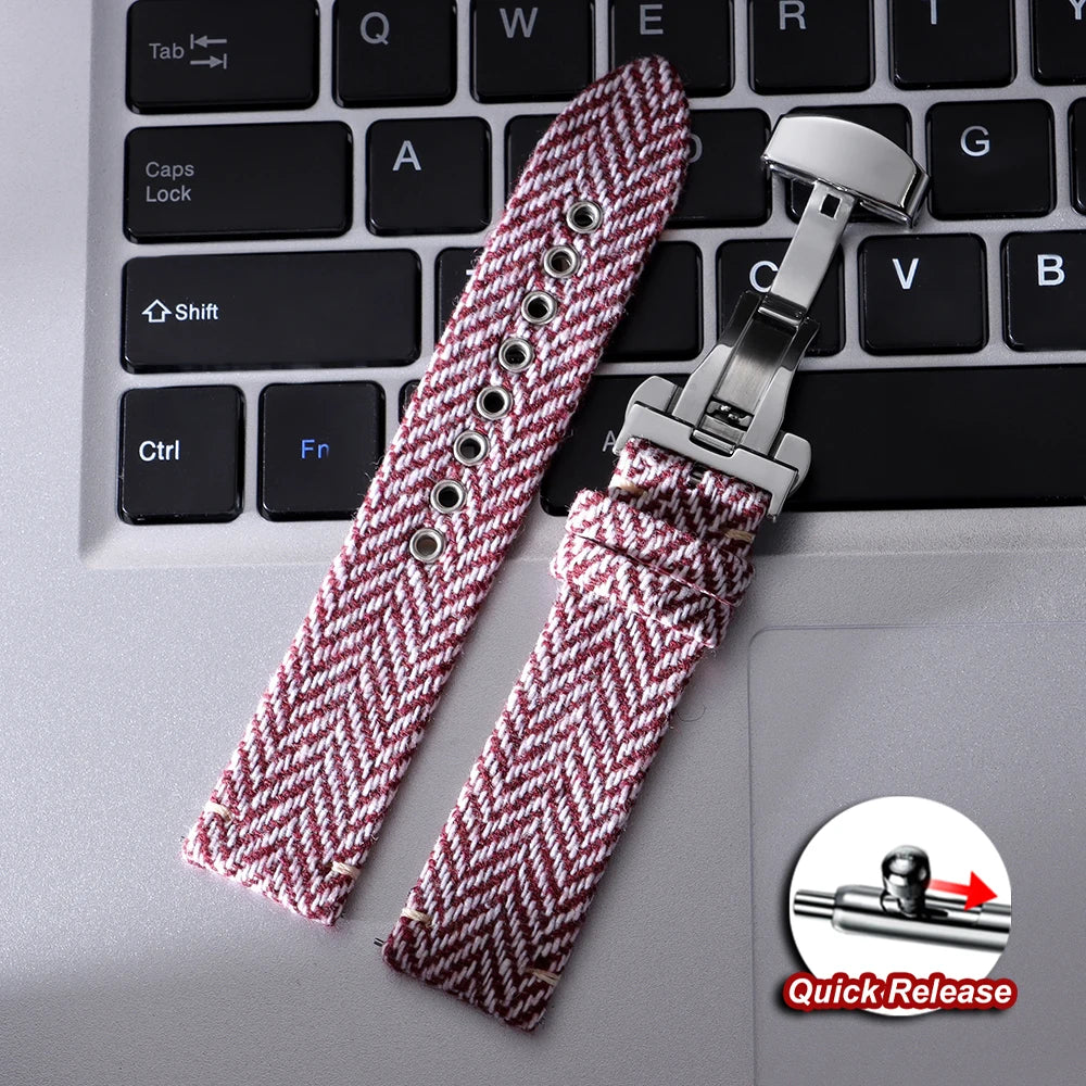 Quick Release Bracelet for Omega for Seiko Watch Band Vintage Genuine Leather Tweed Nylon Strap 18mm 20mm 22mm Butterfly Buckle