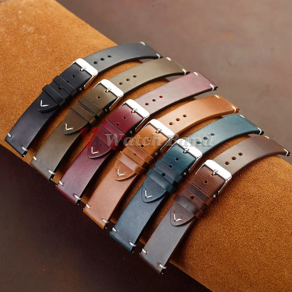 Vintage Leather Watch Band Butterfly Buckle Stitching Oil Wax Cowhide Strap for Omega 18/19/20/21/22/24mm Bracelet for Seiko