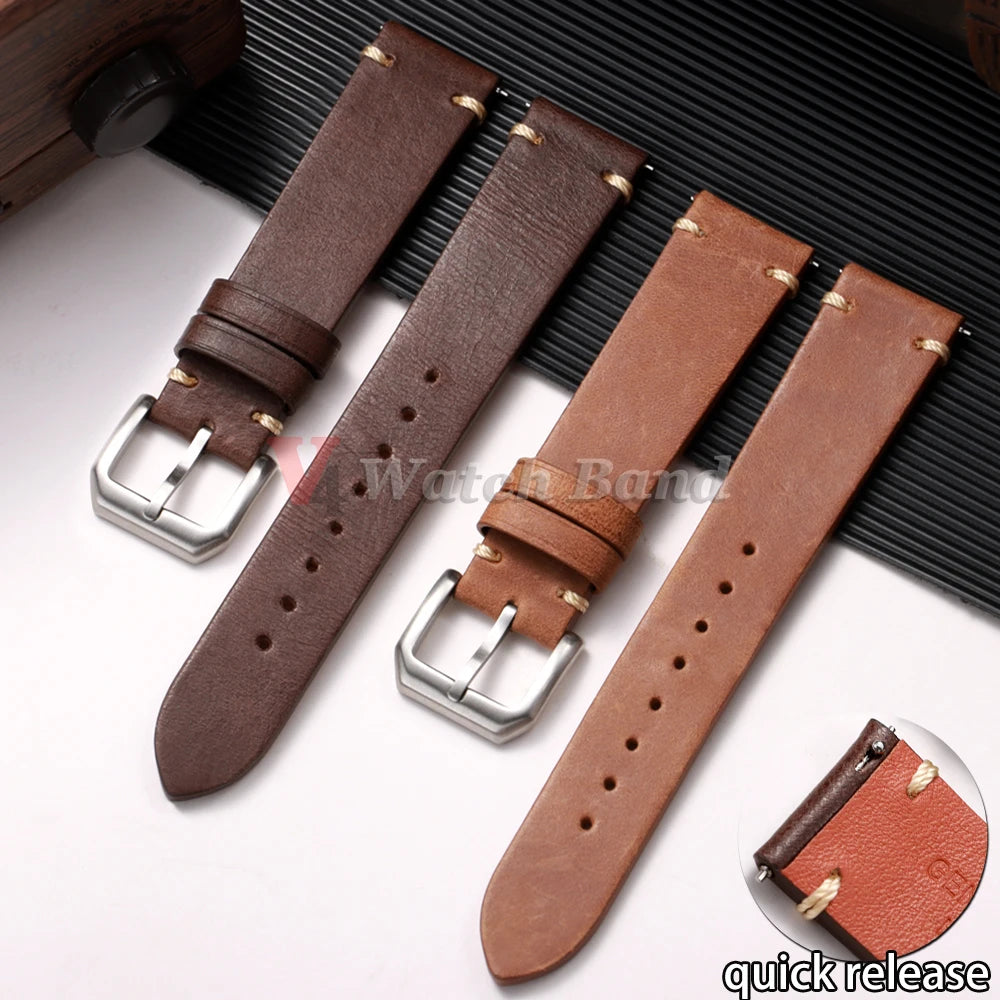 Genuine Cowhide Leather Watch Strap 20mm 22mm for Samsung Galaxy Watch 7/6/5/4 Vintage Brown Watchband Quick Release Bracelets