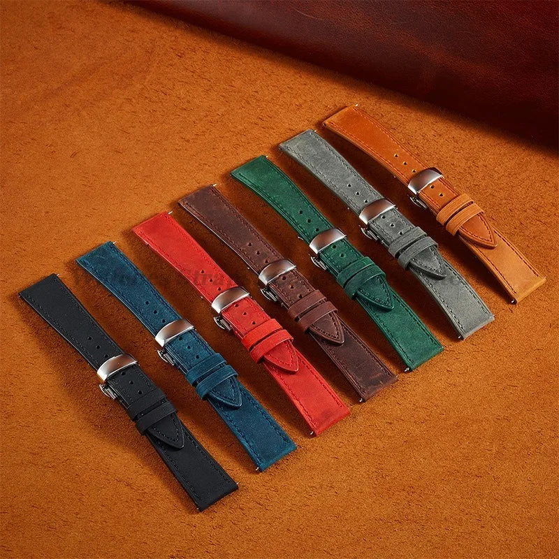 Crazy Horse Cowhide Leather Watch Strap 18mm19mm 20mm 21mm 22mm 24mm Butterfly Buckle Bracelet for Omega Smart Vintage Watchband