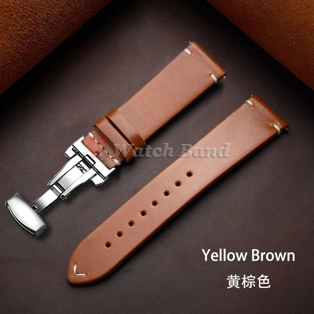 Vintage Leather Watch Band Butterfly Buckle Stitching Oil Wax Cowhide Strap for Omega 18/19/20/21/22/24mm Bracelet for Seiko