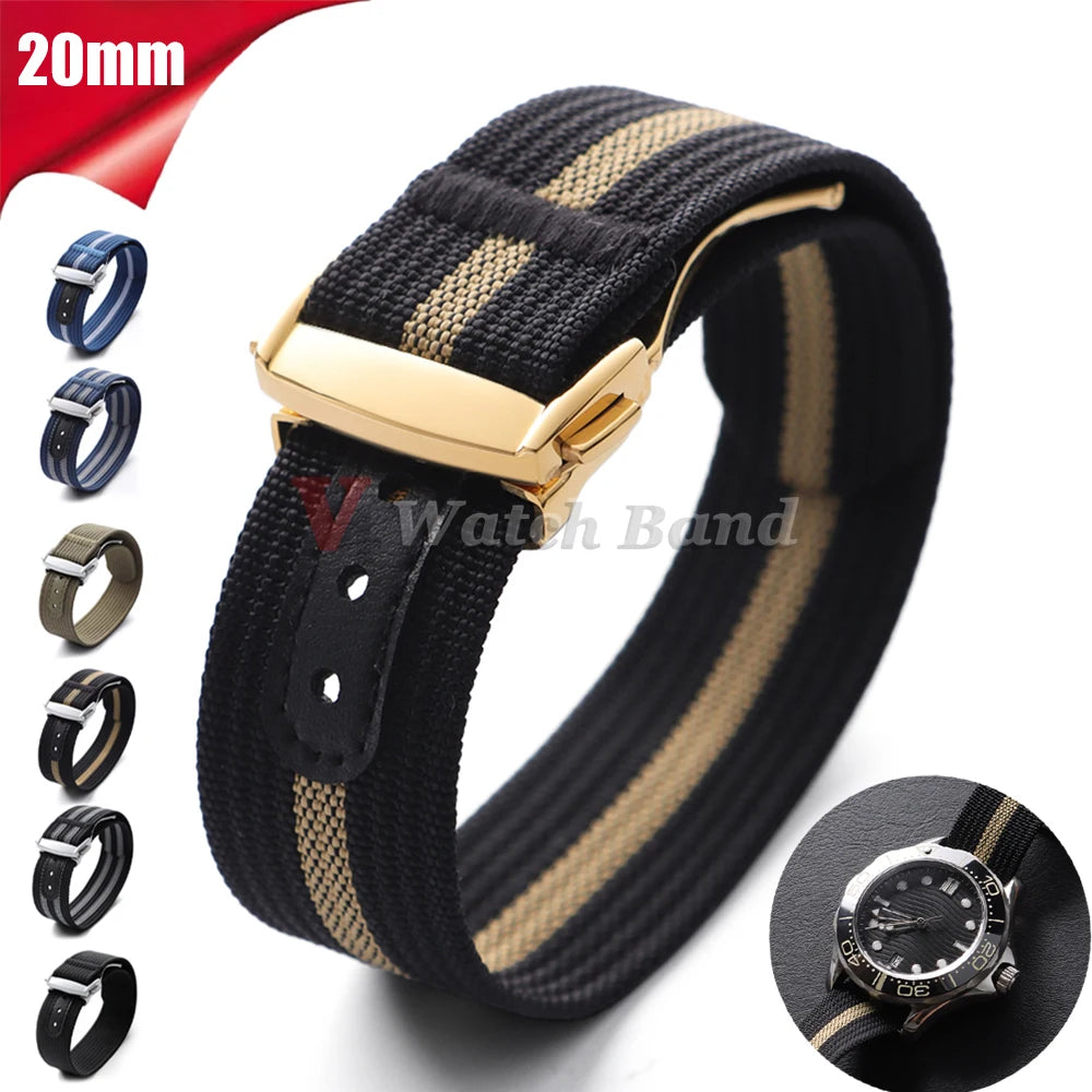 Black Gold Buckle Watch Band 20mm Men's Army Sports Breathable Braided Nylon Strap for Seiko Fabric Bracelet Wristbelt for Omega