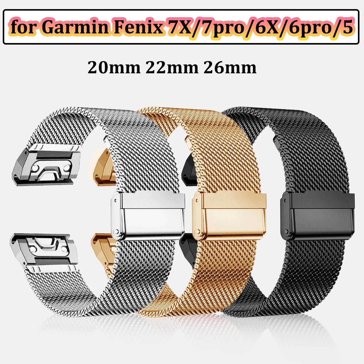 20mm 22mm 26mm Strap for Garmin Fenix 7X 6X 6pro 5X 5 3HR Tactix 7Pro Metal 0.6 Mesh Milanese Bracelet Quick Release Watch Band