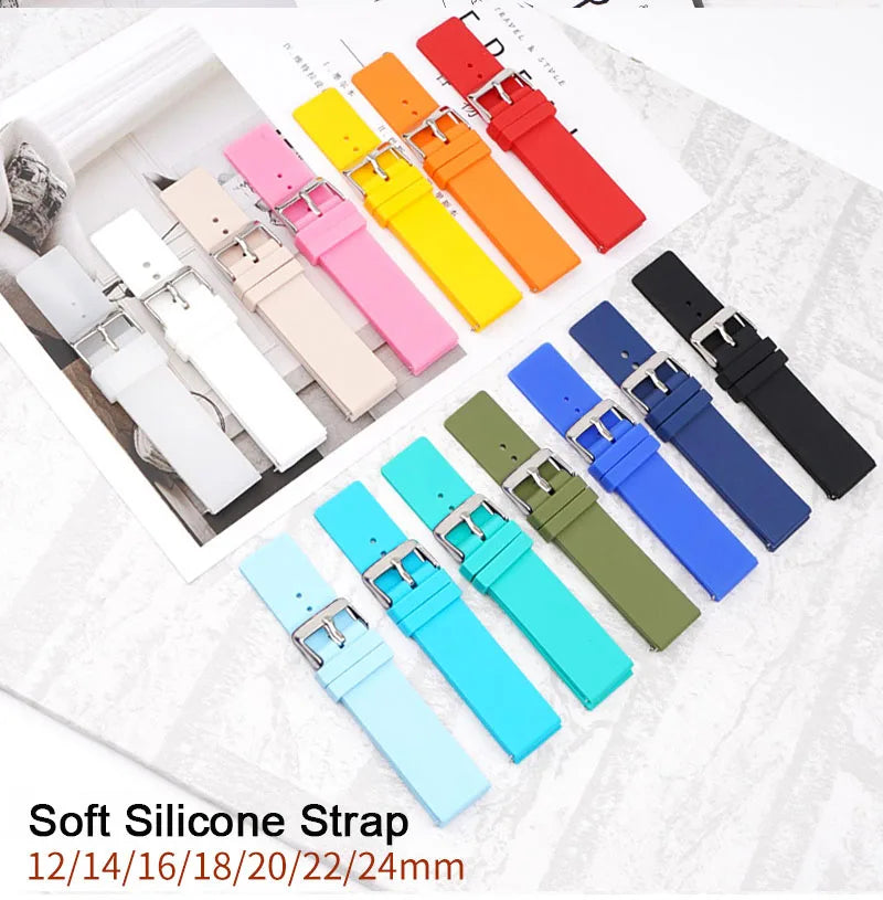 12 14mm 16mm 18mm 20mm 22mm 24mm Silicone Watch Strap Men Women Replace Bracelet Soft Rubber for Seiko for Huawei Watch Gt2/3/4