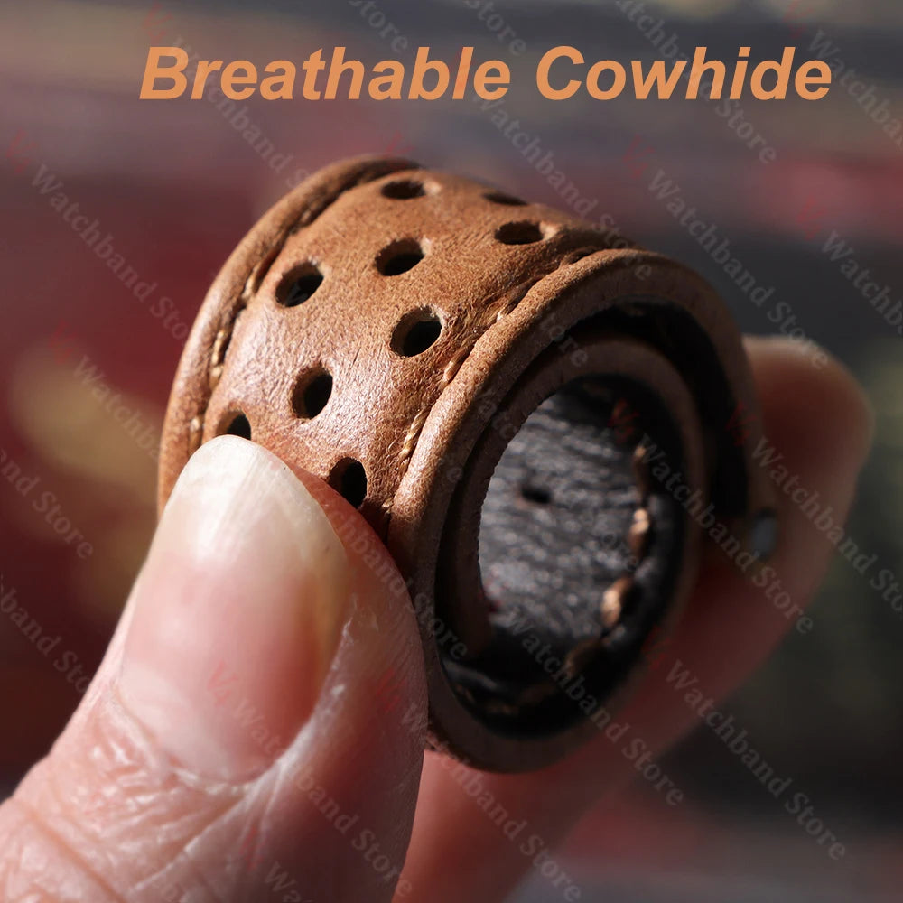 18mm 20mm 22mm Universal Genuine Cowhide Watch Band Vintage Strap for Men Women Breathable Bracelet Butterfly Buckle Wristbelt