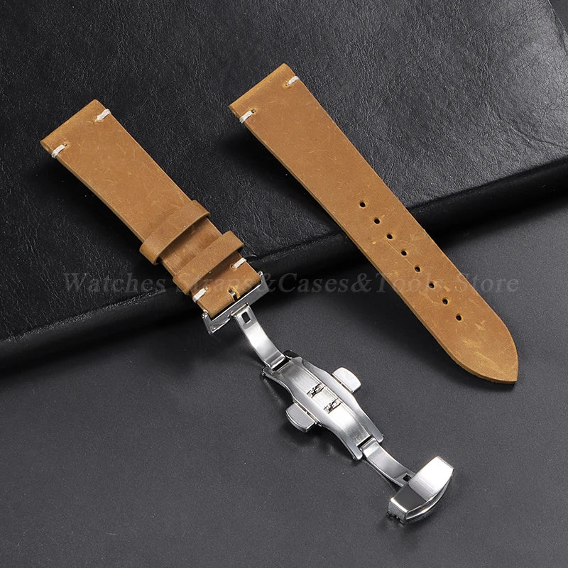 Stitching Cowhide Strap for Omega for Seiko 18/19/20/21/22/24mm Wrist Bracelet Vintage Brown Leather Watch Band Butterfly Buckle