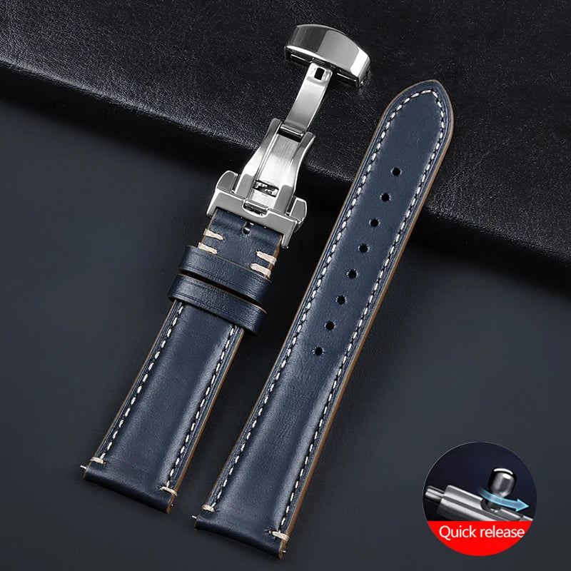 Stitching Cowhide Strap for Omega 20mm 22mm 24mm Yellow Wrist Bracelet for Seiko BlackVintage Leather Watchband Butterfly Buckle