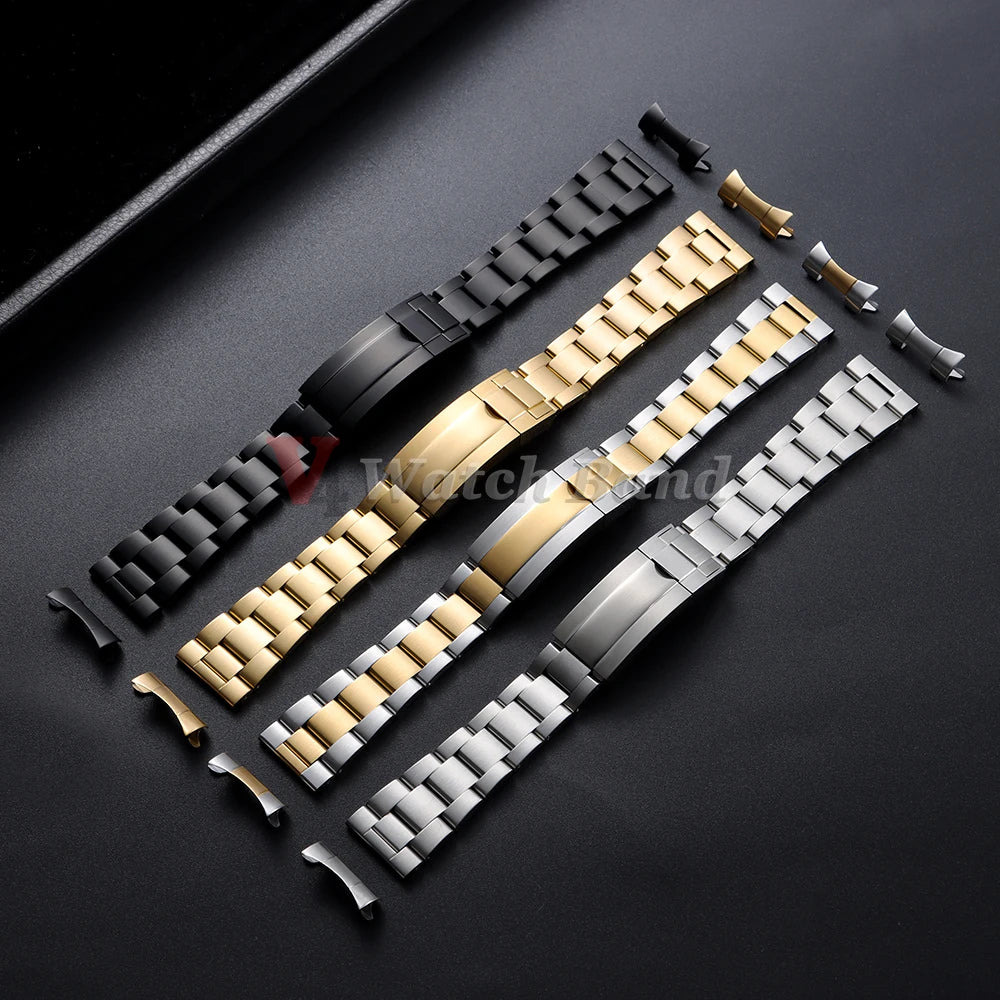 Curved End Metal Watch Strap 20mm for Rolex for Oyster Perpetual Stainless Steel Wrist Band Folidng Buckle Bracelet Accessories