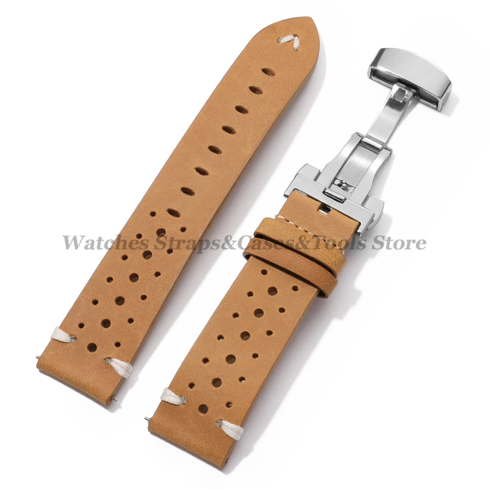 20mm 22mm Genuine Cowhide Leather Watchband Strap for Seiko for Omega Oil Wax Discoloration Butterfly Buckle Business Bracelets