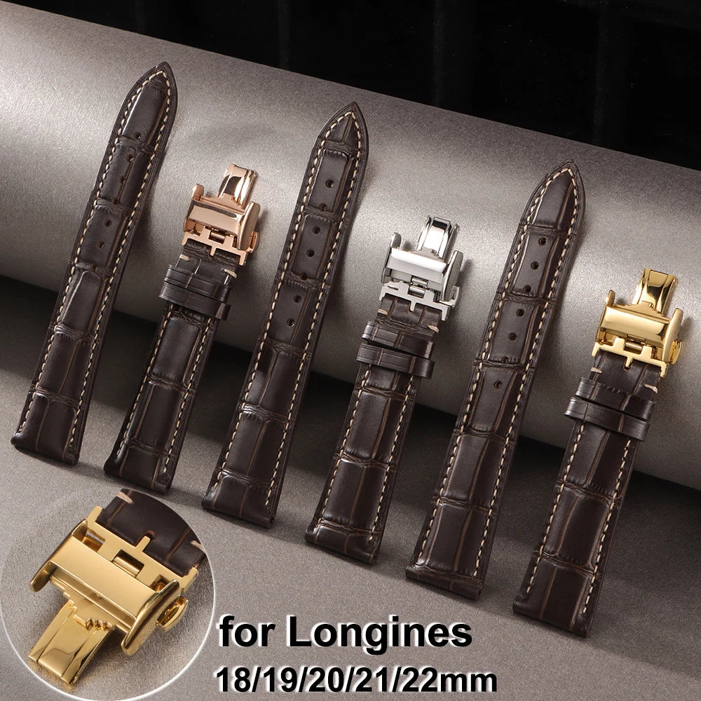 18mm 19mm 20mm 21mm 22mm Cowhide Watch Strap for Longines Replacement Bracelet Universal Metal Butterfly Clasp Wrist Band