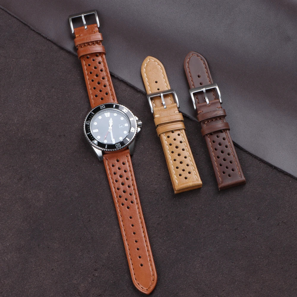 Genuine Cowhide Leather Strap for Samsung Galaxy Watch 6 5 4 Breathable Retro Wristband for Seiko Bracelet for Omega 18/20/22mm