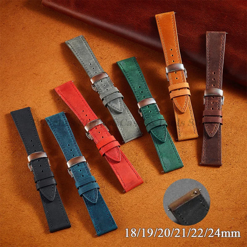 Crazy Horse Cowhide Leather Watch Strap 18mm19mm 20mm 21mm 22mm 24mm Butterfly Buckle Bracelet for Omega Smart Vintage Watchband