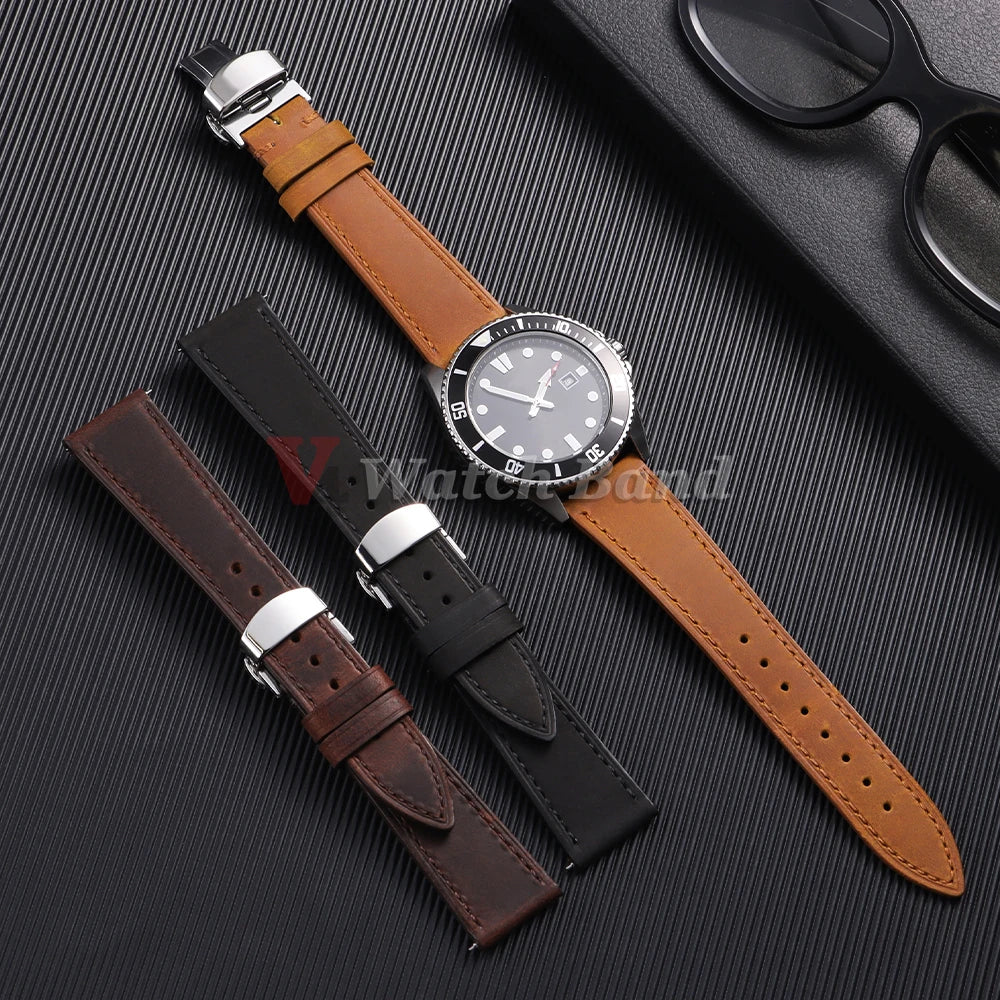 19mm 21mm Genuine Calfskin Leather Watchband for Omega Business Belt for Seiko 18/20/22/24mm Butterfly Buckle Brown Watch Straps