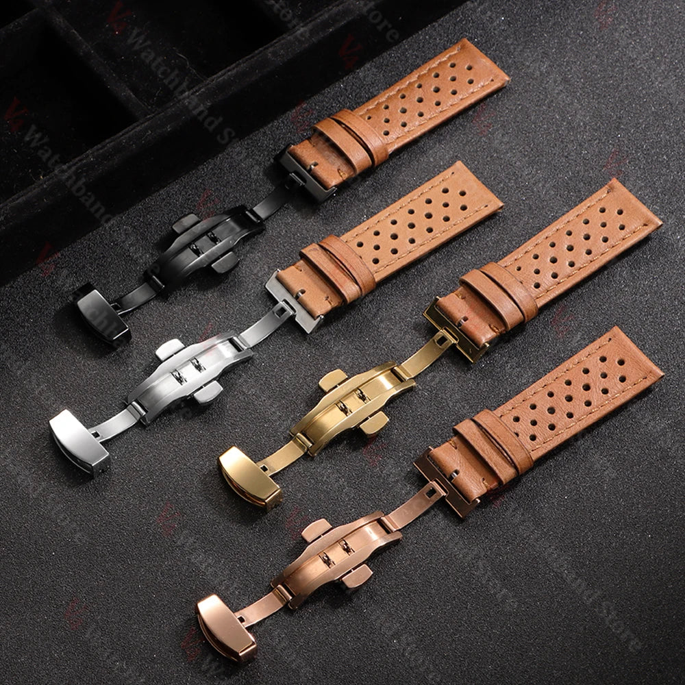18mm 20mm 22mm Universal Genuine Cowhide Watch Band Vintage Strap for Men Women Breathable Bracelet Butterfly Buckle Wristbelt
