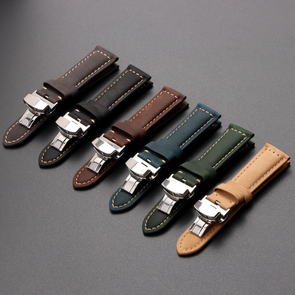 Retro Genuine Calfskin Watchband for Omega Business Watch Band 20mm 22mm 24mm 26mm Butterfly Buckle Stitching Blue Brown Strap