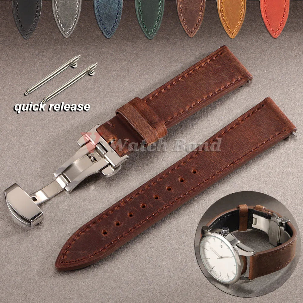 18/19/20/21/22/24mm Vintage Leather Watch Band Butterfly Buckle Stitching Cowhide Strap for Omega for Wrist Bracelet for Seiko
