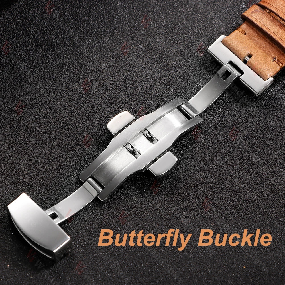 18/20/22mm Universal Genuine Cowhide Watch Band Butterfly Buckle Vintage Straps for Men Women Breathable Bracelet Belt Accessory