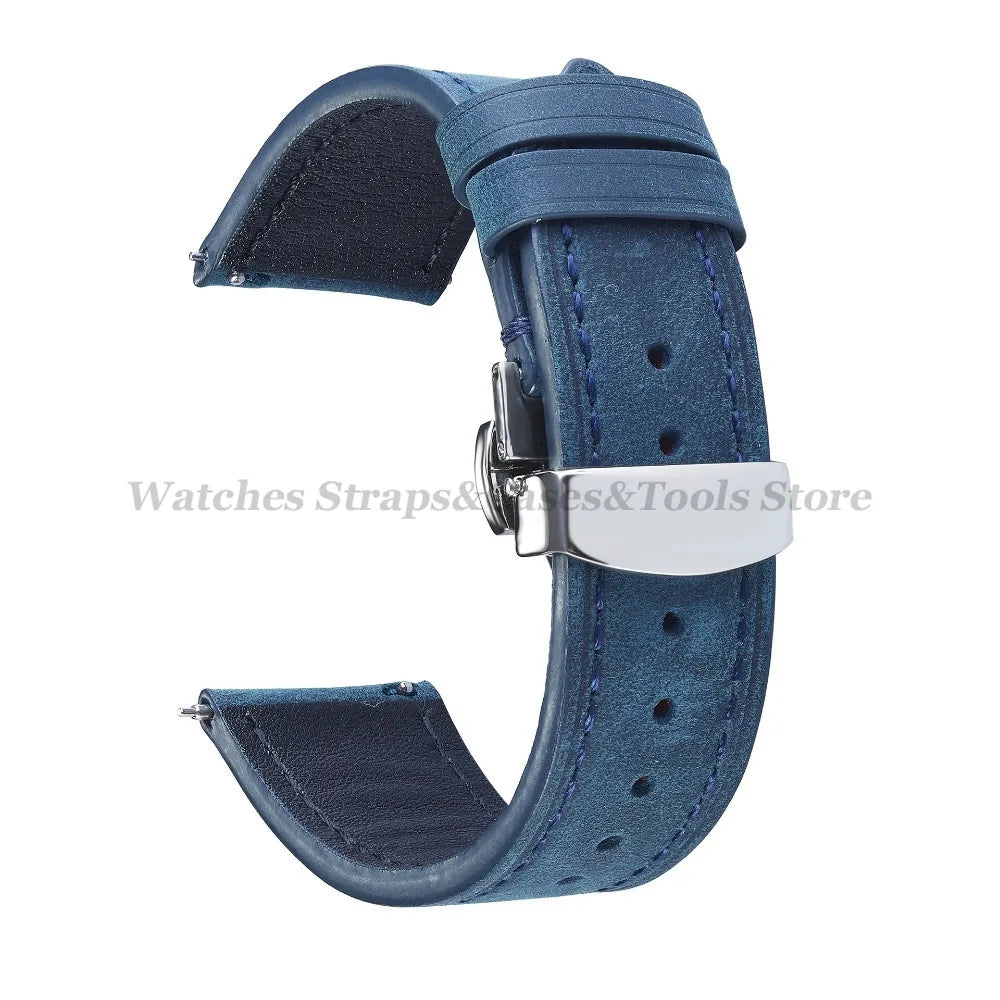 Crazy Horse Cowhide Leather Watch Strap 18mm19mm 20mm 21mm 22mm 24mm Butterfly Buckle Bracelet for Omega Smart Vintage Watchband