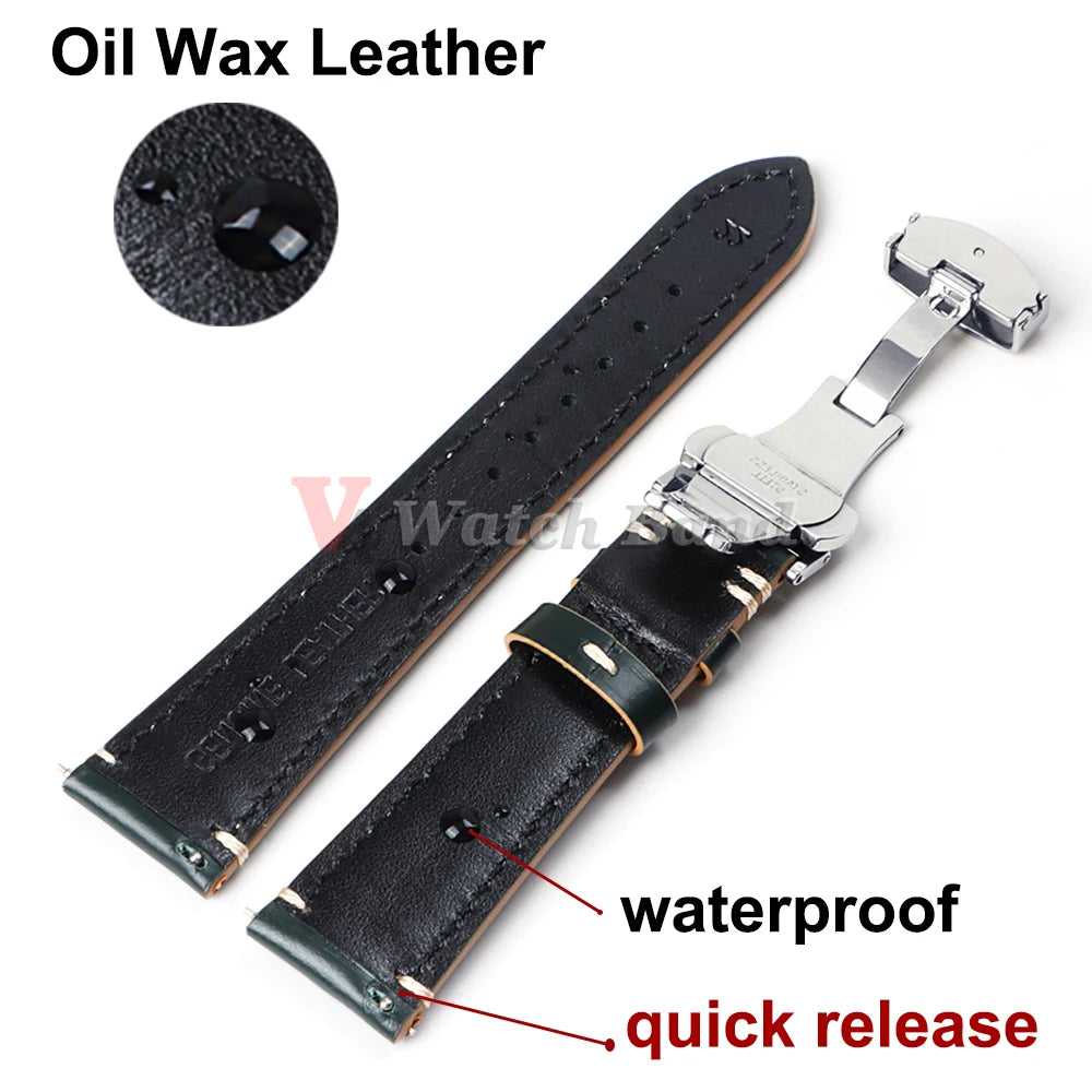 Stitching Cowhide Strap for Omega 20mm 22mm 24mm Yellow Wrist Bracelet for Seiko BlackVintage Leather Watchband Butterfly Buckle