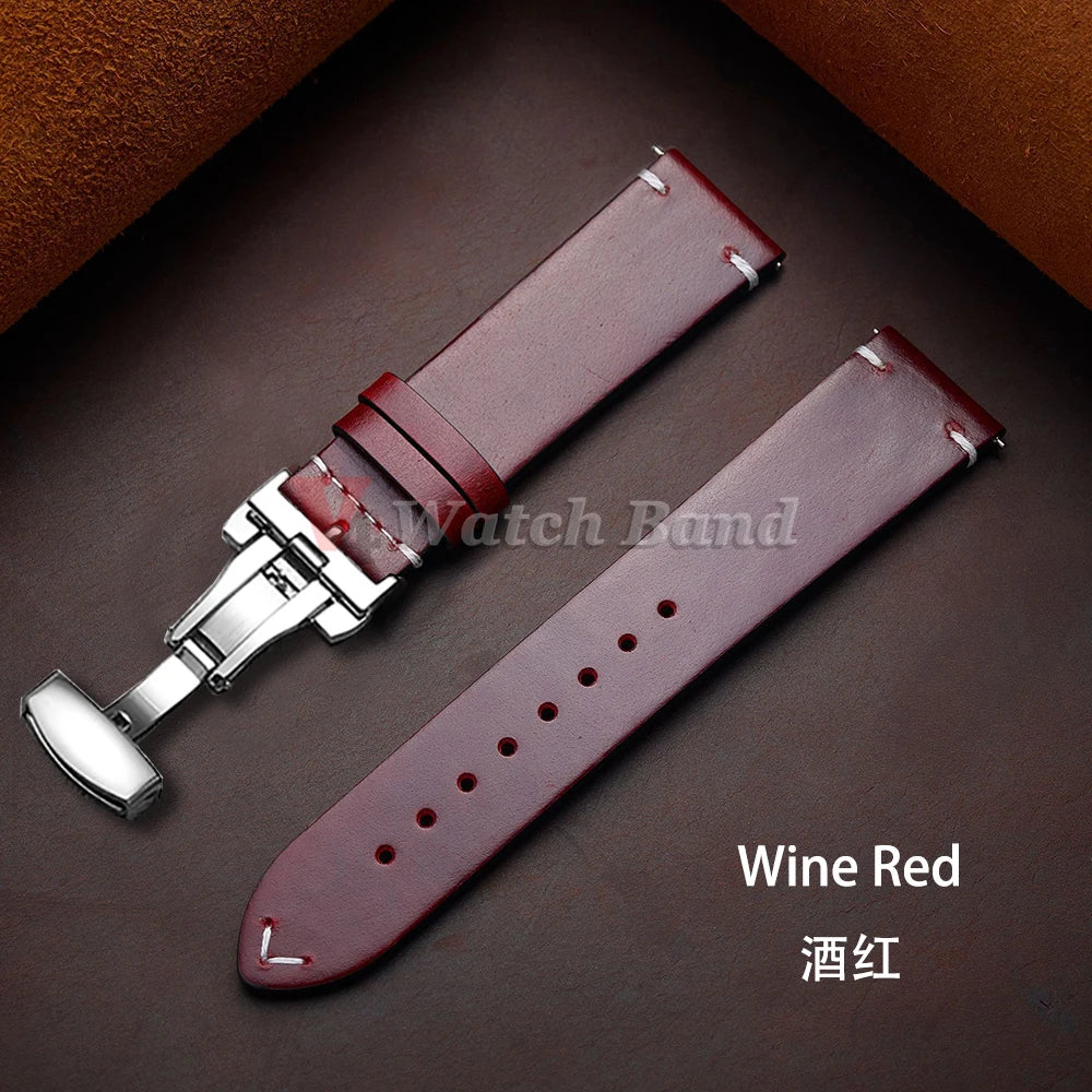 18/19/20/21/22/24mm Oil Wax Genuine Calfskin Leather Strap for Omega Business Stitching Watch Band for Seiko Butterfly Buckle