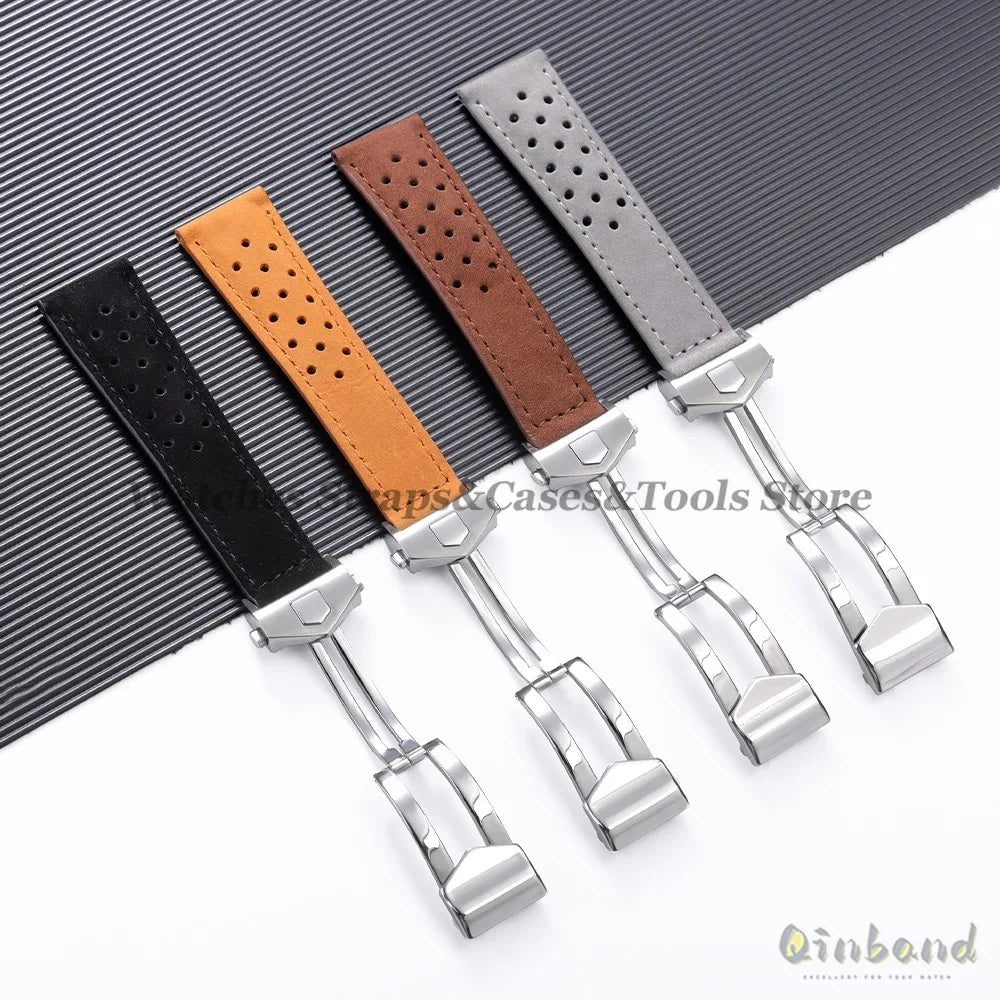 20mm 22mm 24mm Soft Genuine Cow Leather Watchband for Tag Heuer for Carrera Monaco Series Frosted Fold Buckle Men Women Straps