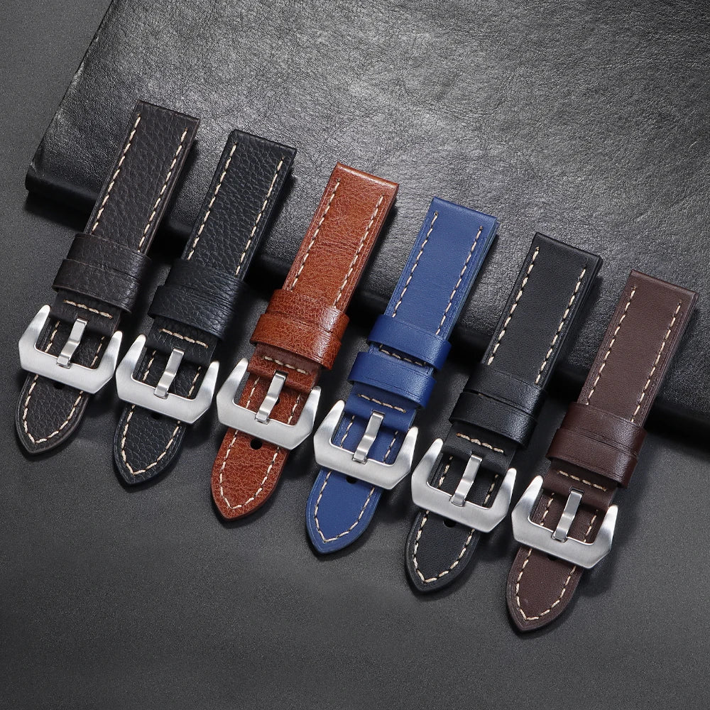18mm 20mm 22mm 24mm Genuine Leather Watchband for Panerai Sport Wristband Vintage Matte Polished Watch Strap Blue Brown Bracelet