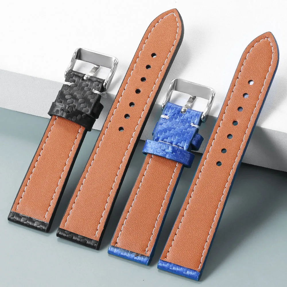 Carbon Fiber Texture Leather Strap for Seiko Cowhide Leather Watchband Soft Men Watch Accessories Wrist Belt 18mm 20mm 22mm 24mm