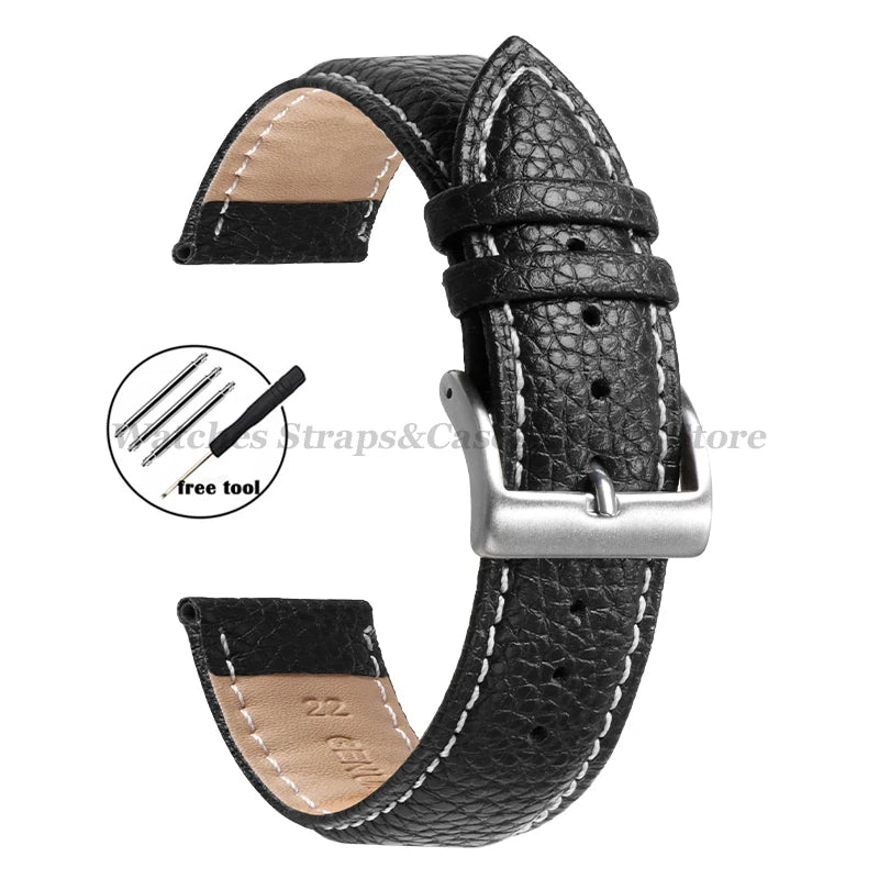 Litchi Pattern Genuine Leather Watch Band 18mm 20mm 22mm for Samsung Galaxy Watch 7/6/5/4 40 44mm Men Women Replacement Straps