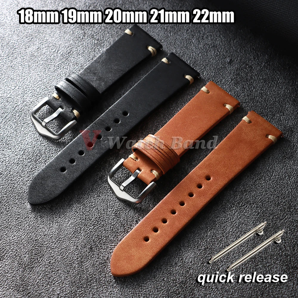 Cowhide Leather Watch Strap 18mm 19mm 20mm 21mm 22mm for Samsung Galaxy Watch 8/7/6/5/4 Vintage Brown Quick Release Bracelets