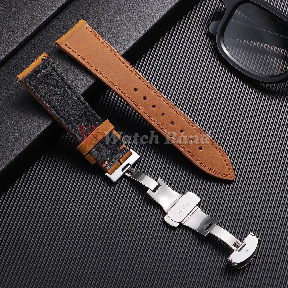 19mm 21mm Genuine Calfskin Leather Watchband for Omega Business Belt for Seiko 18/20/22/24mm Butterfly Buckle Brown Watch Straps