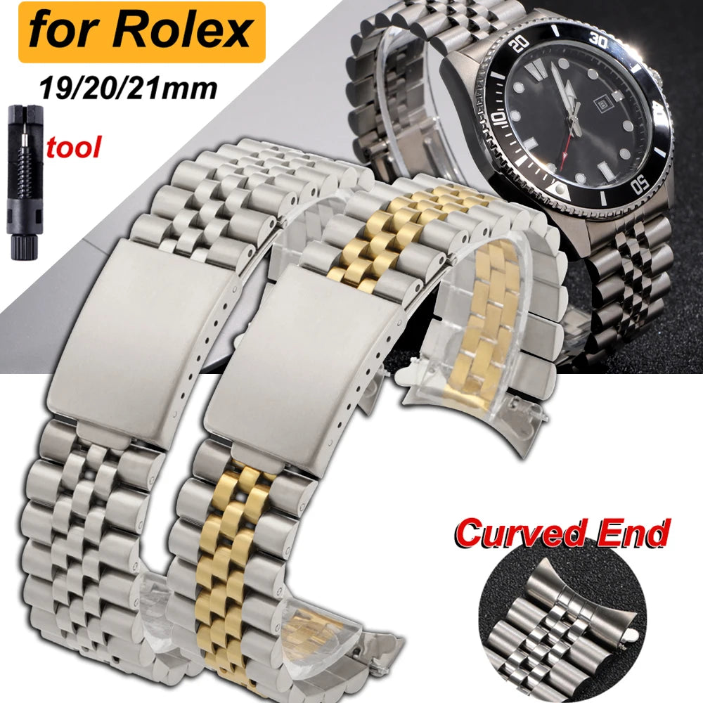 Curved End Stainless Steel Watch Bands 19mm 20mm 21mm for Rolex DATEJUST for Jubilee Solid Strap Bracelet Men Woman Watchband