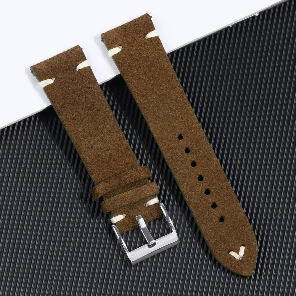 Suede Leather Strap for Seiko Watch Band Vintage Bracelaet Handmade Stitching Wristband 18mm 20mm 22mm