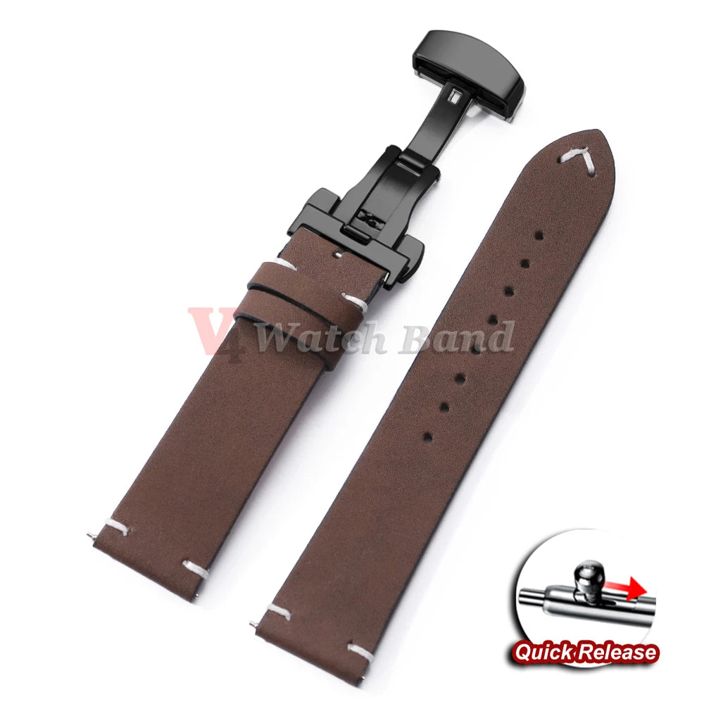 Watch Strap 18mm 20mm 22mm for Samsung Galaxy Watch 7/6/5/4 Butterfly Buckle Watchband Vintage Brown Quick Release Bracelets