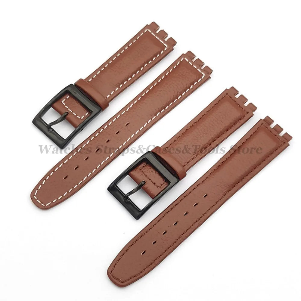 17mm Cowhide Leather Strap for Swatch Lychee Leather Watch Band for Men Women Belt Metal Buckle Replacement Bracelet Accessories