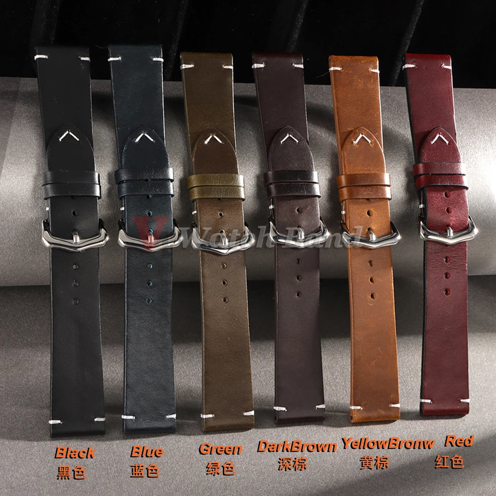 18mm 20mm 22mm Vintage Oil Wax Cowhide Watchband 19mm 21mm 24mm Replace for Omega Wristband Stitching Strap for Seiko Watch Band