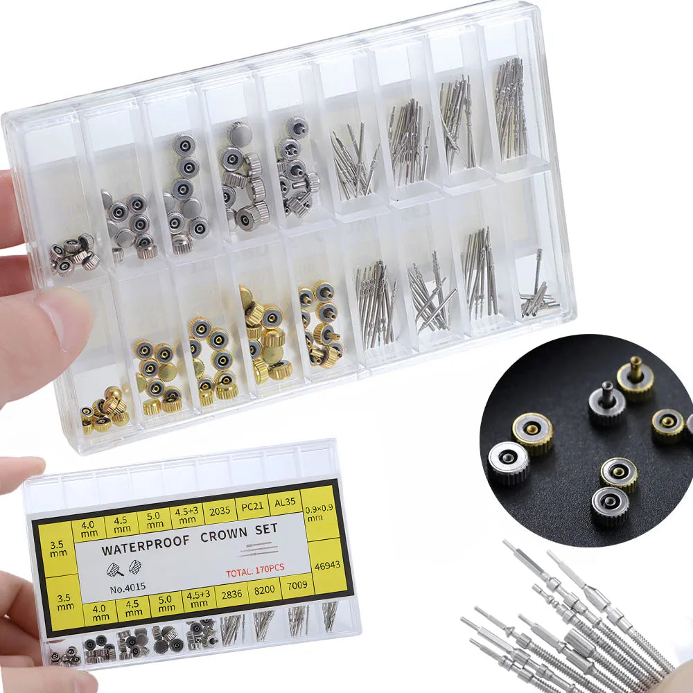 170Pcs/Box Watch Crown Parts Case Crown Fit NH34 NH35 NH36 NH38 Watch Stainless Steel Watch Repair Tool Kit Accessories Kits