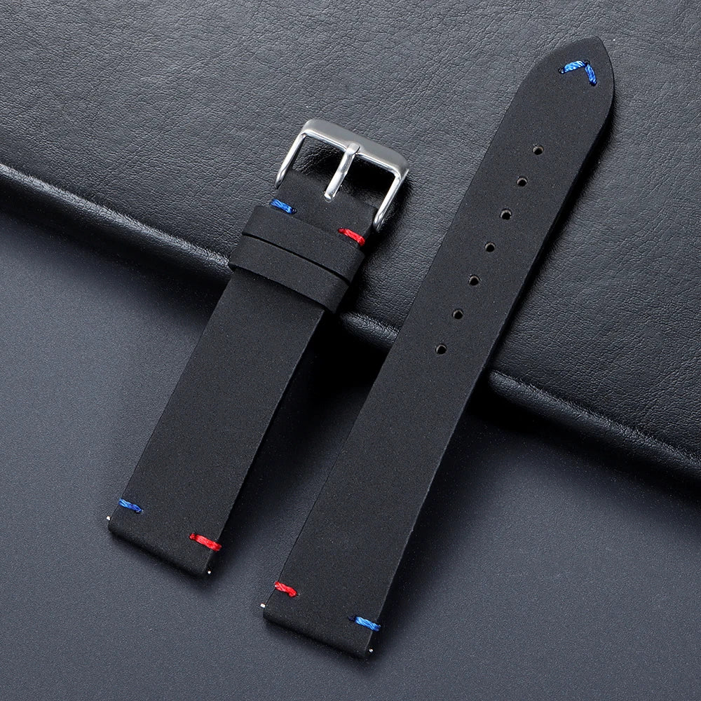 Vintage Matte Leather Watch Band for Seiko 20mm 22mm for Omega Handmade Stitching Cowhide Strap for Huawei Smartwatch Wristband