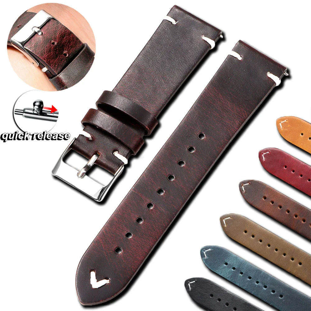 18mm 20mm 22mm Bracelet Quick Release Oil Wax Stitching Cowhide Strap for Omega for Seiko Vintage Leather Watch Band