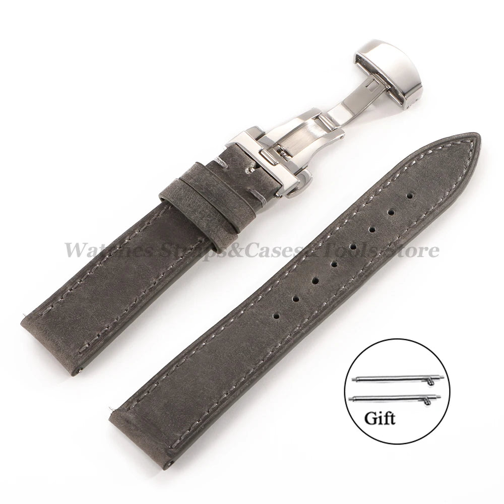 Crazy Horse Leather Watch Strap 18mm 19mm 20mm 21mm 22mm 24mm Butterfly Buckle Stitching Cowhide Strap for Seiko for Omega Belts