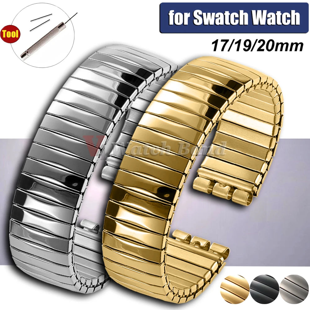 17mm 20mm Elastic Metal Watch Band for Swatch Watch Strap Stretch Expansion Stainless Wrist Strap Men Women Bracelet Accessories