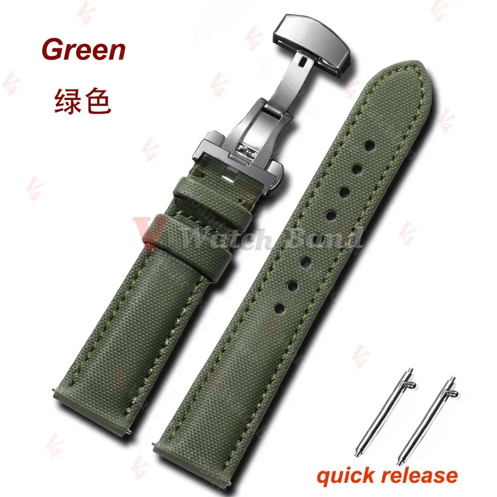 18mm 20mm 22mm Sailcloth Nylon Leather Watchband for Omega Business  Band for Seiko Butterfly Buckle Stitching Green Blue Strap