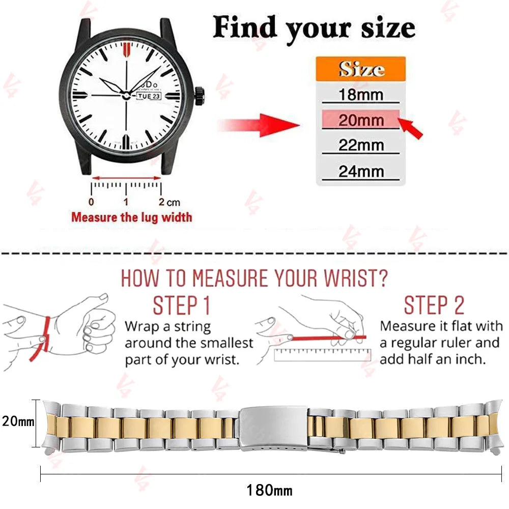 Luxury Curved End Watch Band 13mm 17mm 18mm 19mm 20mm 21mm for Rolex Oyster Perpetual King Stainless Steel Bracelet Accessories