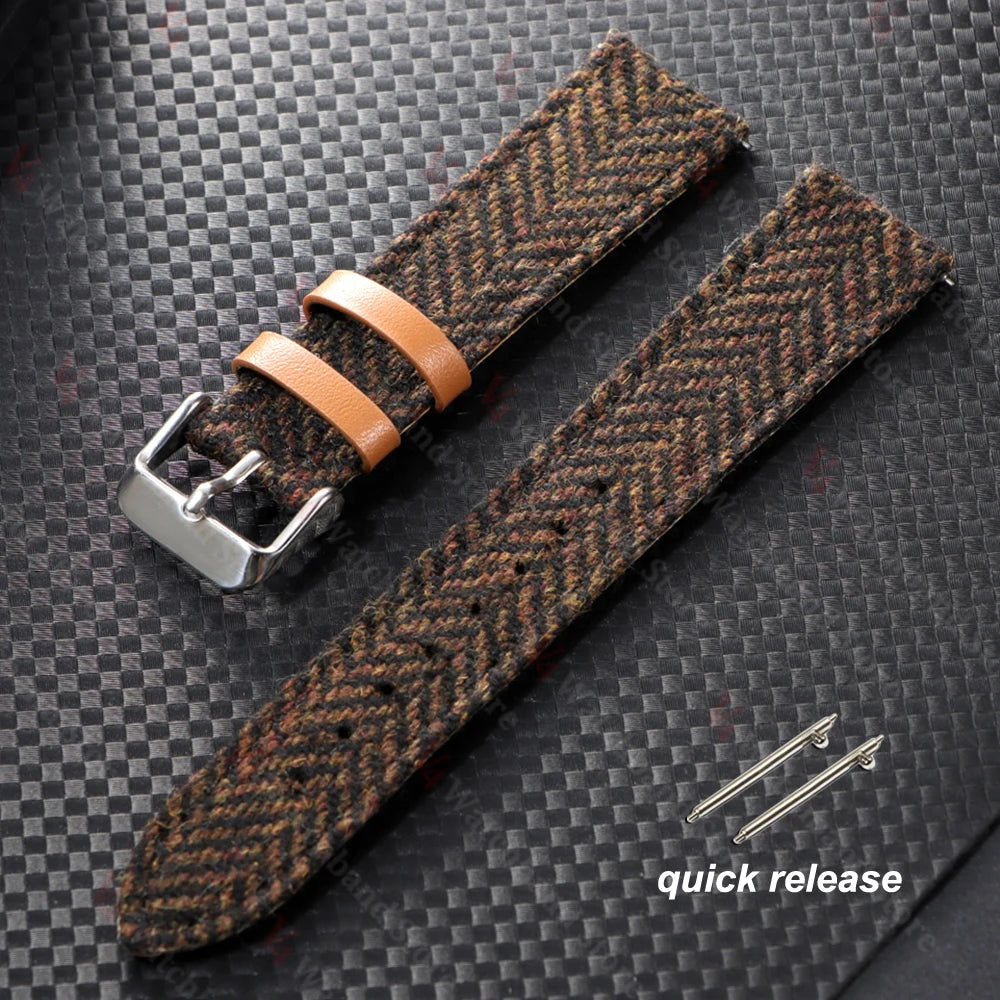 18/20/22mm Genuine Cowhide Nylon Watch Band Quick Release Strap Vintage Woven Tweed Fabric Bracelet Men Women Replace Wristband