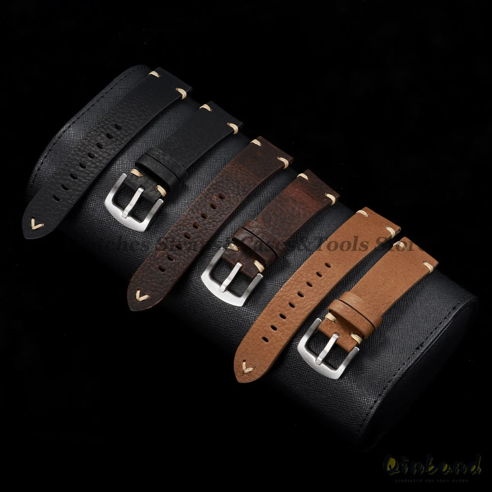 18mm 20mm 22mm Genuine Leather Watchband Old Black Brown Men Women Vintage Handmade Stitching Bracelet for Seiko for Omega Strap