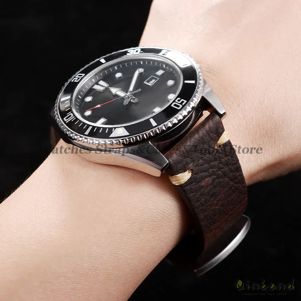 18mm 20mm 22mm Genuine Leather Watchband Old Black Brown Men Women Vintage Handmade Stitching Bracelet for Seiko for Omega Strap