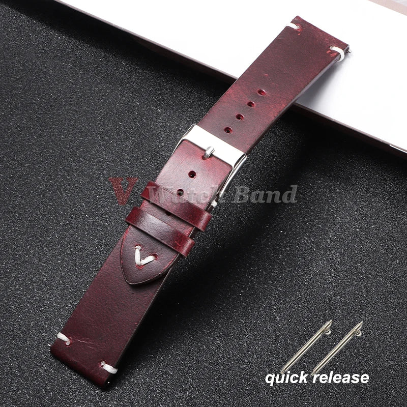 Quick Release Oil Wax Stitching Cowhide Strap for Omega 18mm 20mm 22mmBracelet For Seiko Vintage Leather Watch Band
