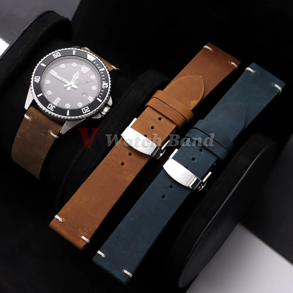 Cowhide Watch Strap 18mm 20mm 21mm 22mm 24mm for Samsung Galaxy Watch 7/6/5/4 Vintage Blue Brown Bracelets for Omega  for Seiko