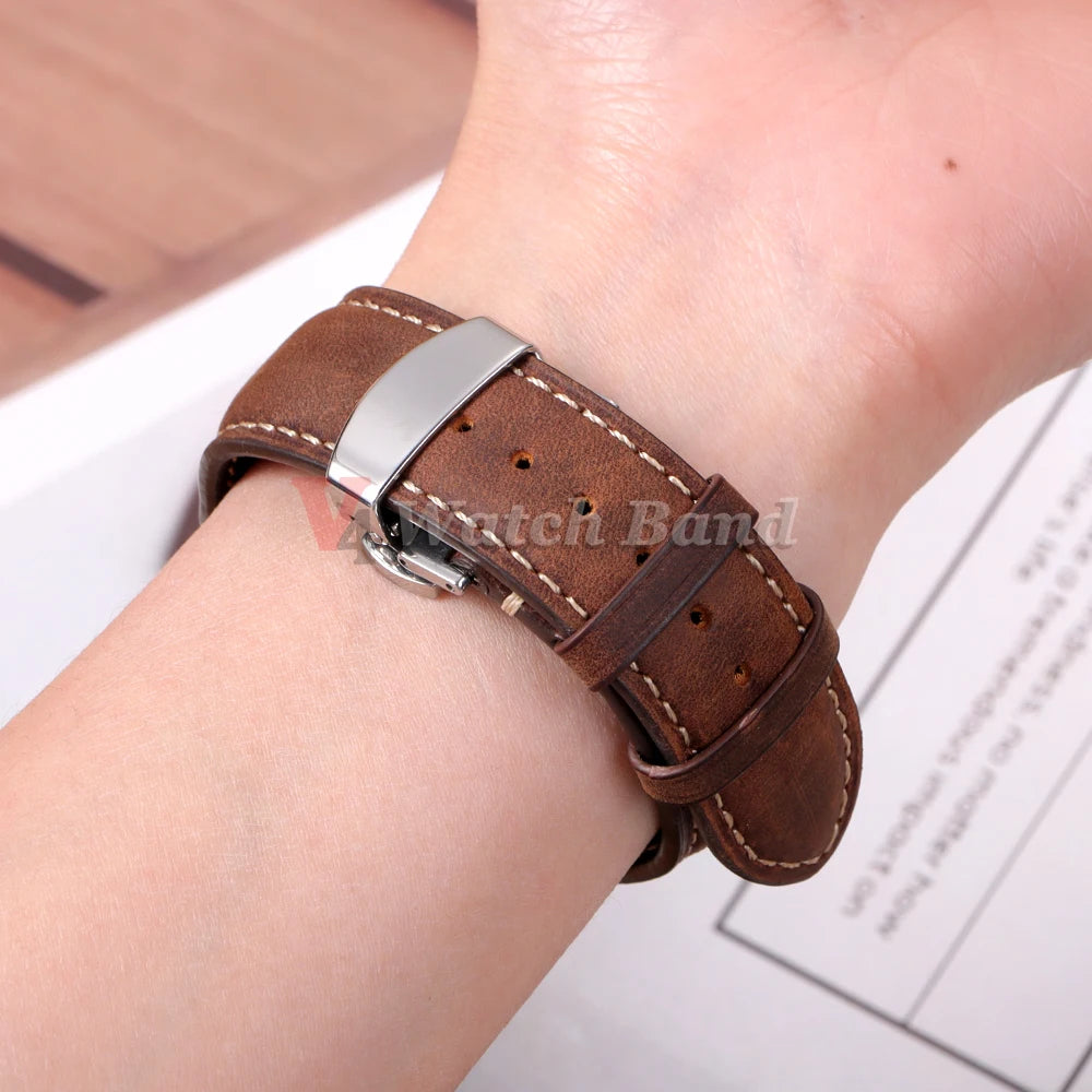 14/16/18/20/22/24mm Business Watch Band for Seiko Genuine Calfskin Leather Watchband for Omega Butterfly Buckle Stitching Strap